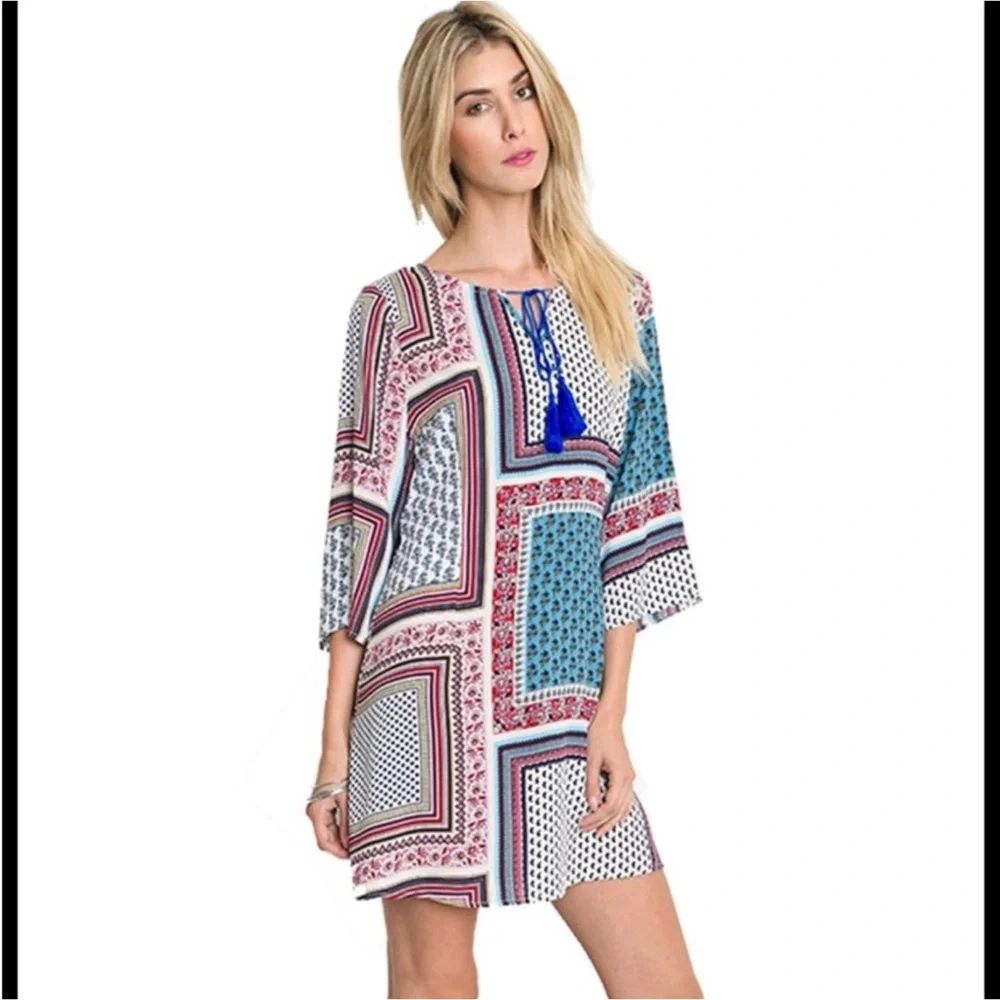 Umgee Boho Retro Print Tie Neck Tunic/Dress - Picture 1 of 6